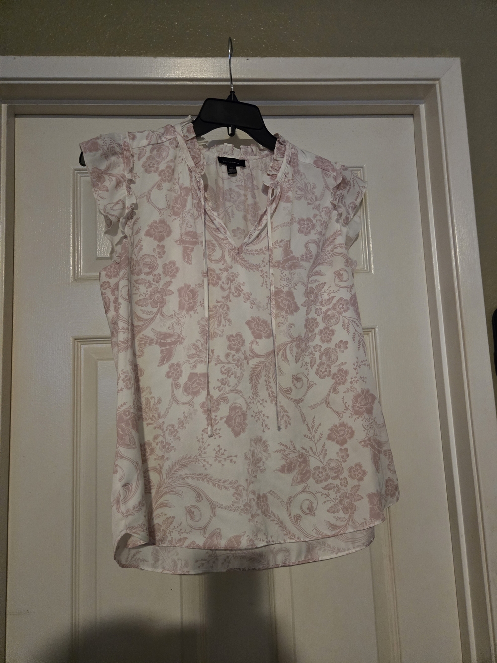 Tamara H. Ruffled Tie-Neck Floral Cap-Sleeve Blouse — Light Pink
